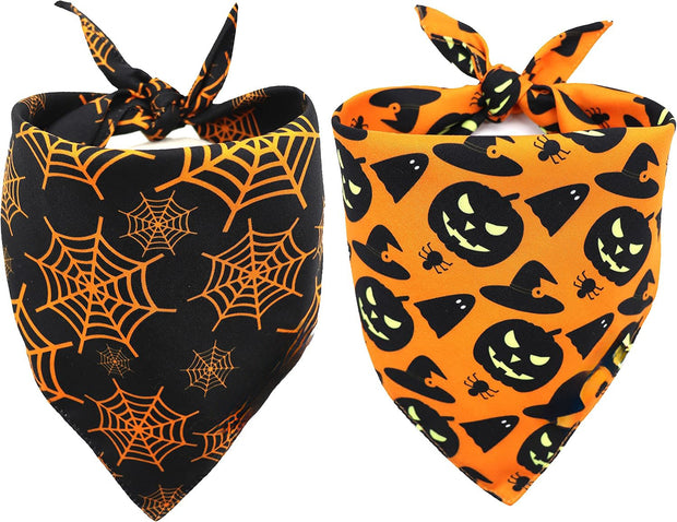 Halloween Dog Bandanas Pumpkin And Spider Web Bibs Triangle Reversible Fall Pet Scarf Premium Durable Fabric Adjustable Fit