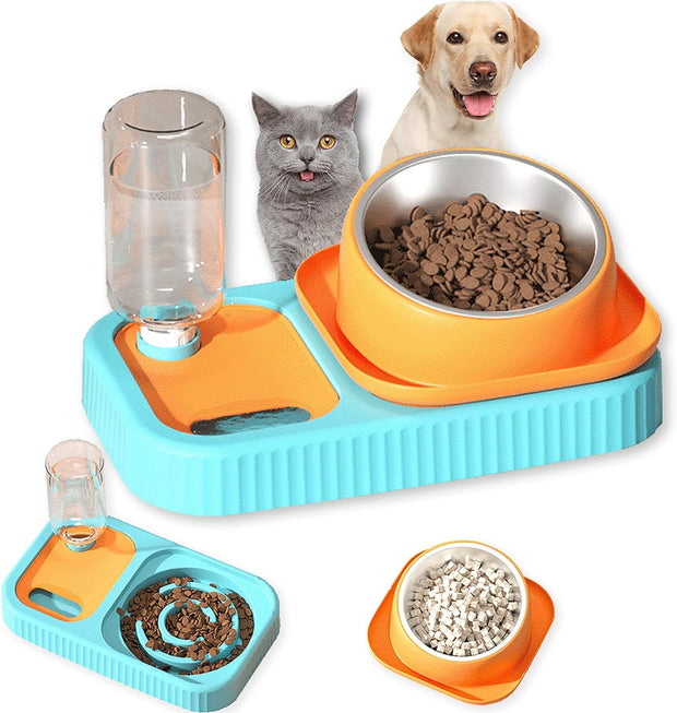 Cat Dog Food And Water Bowl Set Double Food Bowls With Automatic Gravity Water Bottle Raised Slow Feeder Detachable Stainless Steel Bowl 15Tilt Elevated No Spill Dispenser