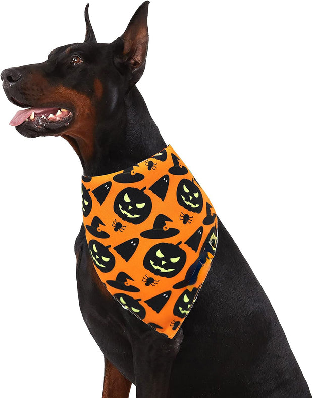 Halloween Dog Bandanas Pumpkin And Spider Web Bibs Triangle Reversible Fall Pet Scarf Premium Durable Fabric Adjustable Fit